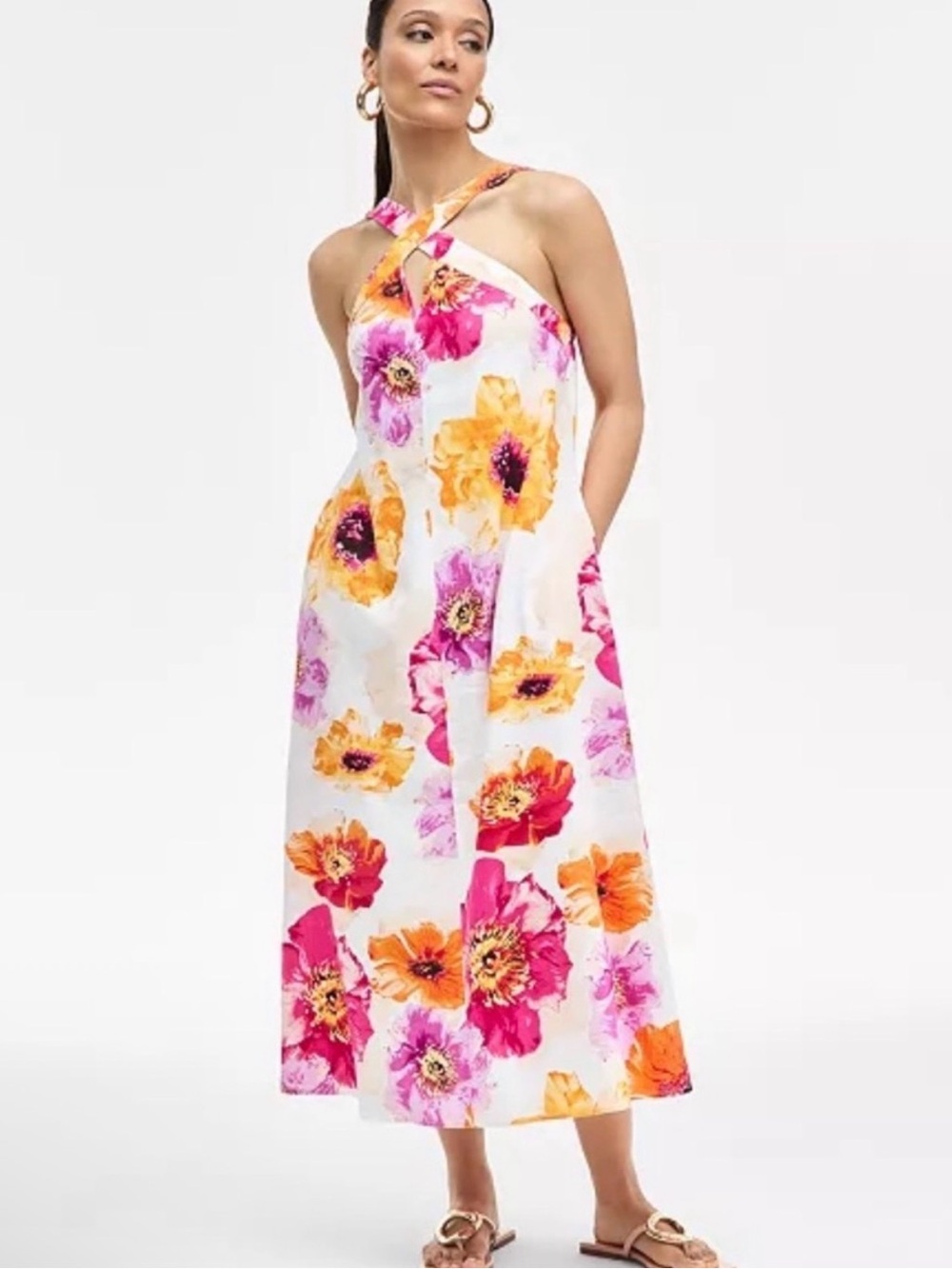 INC International Concepts White Maxi Dress with Pink & Orange Floral Print